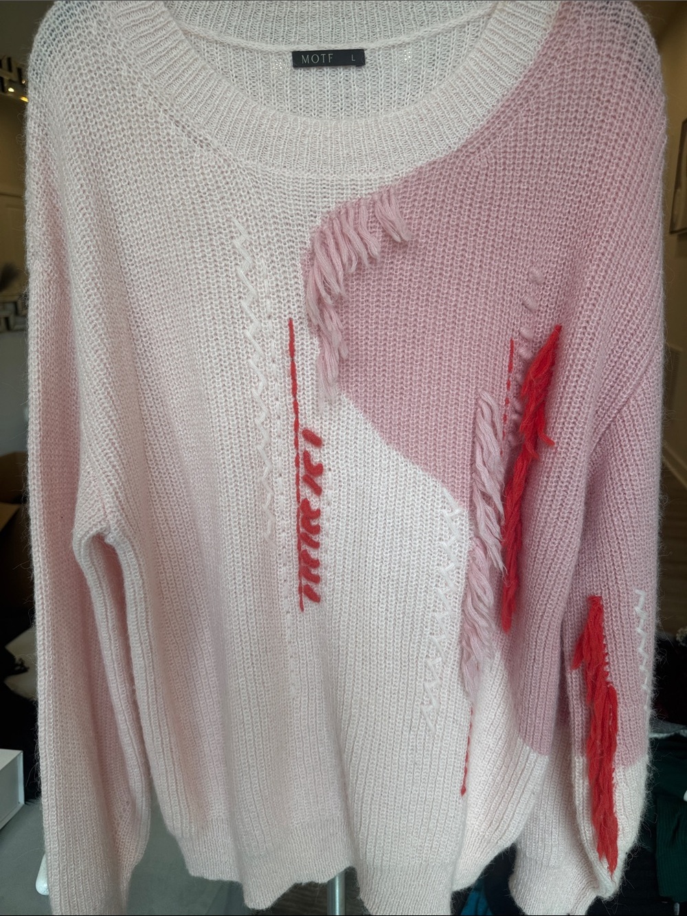 MOTF Pink, Cream & Red Fringe Distressed Knit Sweater